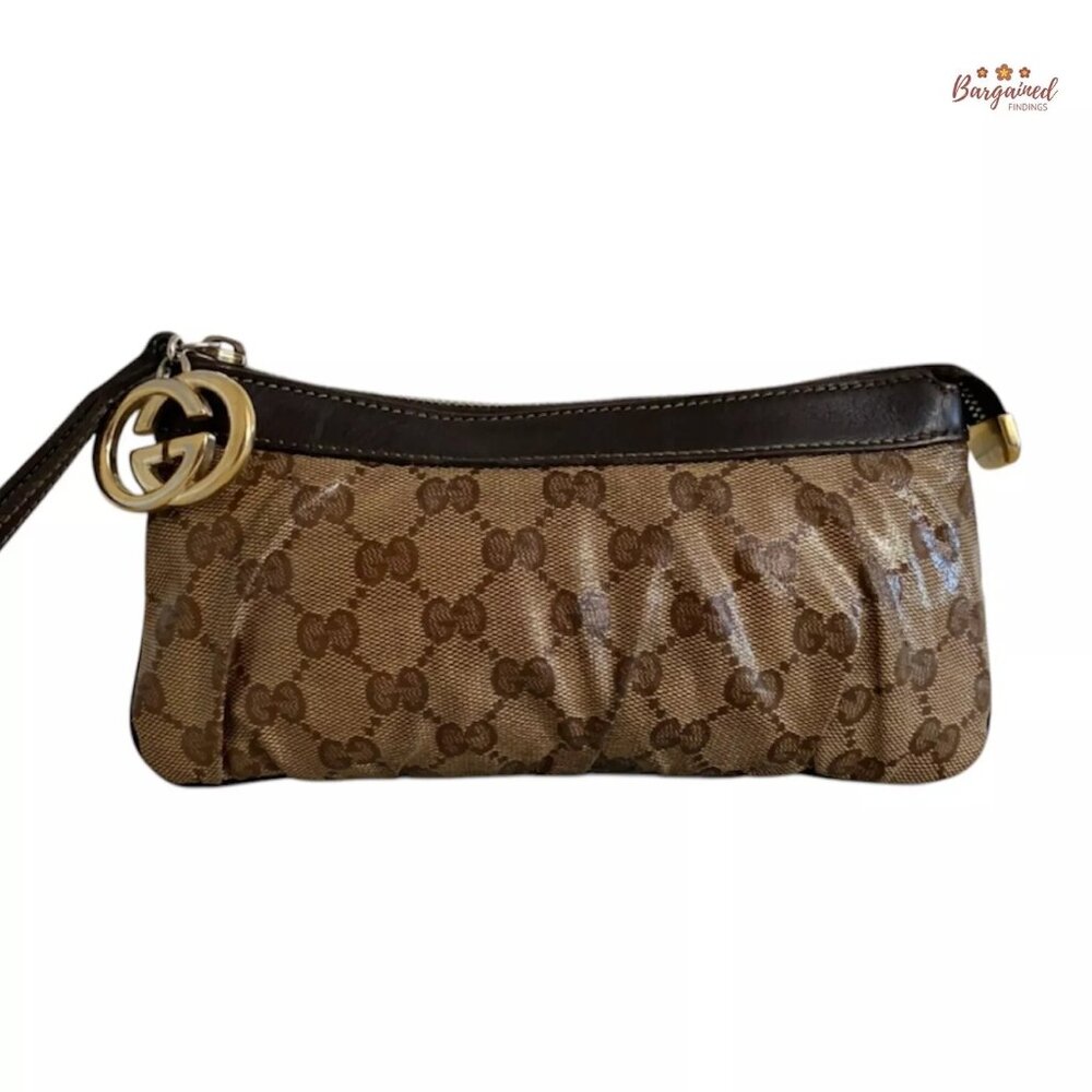 Authentic GUCCI Brown GG Crystal Coated Canvas Wristlet Pochette Bag - 212203